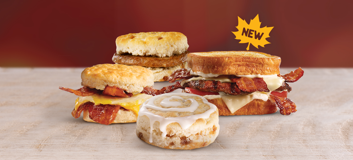 multiple hardee's new maple lineup including a bacon egg and cheese biscuit, maple biscuit, maple bacon angus burger and maple sausage biscuit